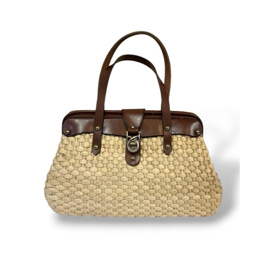 Vintage 60s 70s JOHN ROMAIN  Handmade Wicker Straw Leather Satchel Doctor's Bag